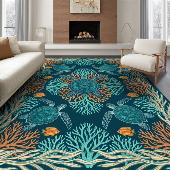 ODIKA 8'x10' Ultra-Soft Area Rug, Beachy Seaweed Border Fish Accent Deep Seafoam Symmetry Print None Washable, Bare feet friendly, Silk-Touch for Bedroom, Under Sectional