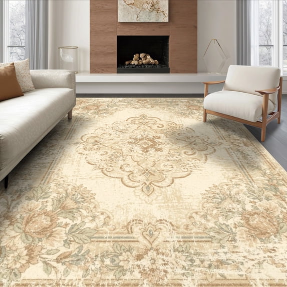 ODIKA 8'x10' Ultra-Soft Area Rug, Beige Retro Tapetes Border Tapete Traditional Motif Print Para None Washable, Bare feet friendly, Silk-Touch for Bedroom, Under Sectional