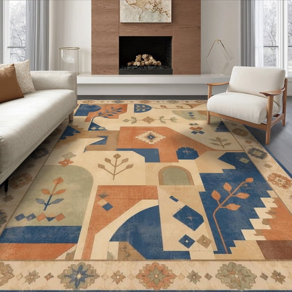 ODIKA 8'x10' Ultra-Soft Area Rug, Blue Beige Geometric Abstract Design Elegant with Artistic Borders Washable, Bare feet friendly, Silk-Touch for Bedroom, Under Sectional