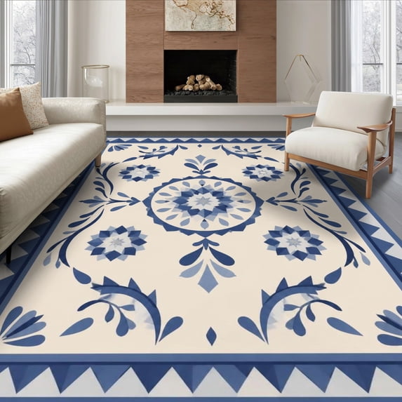 Geometric Border Rug Design ODIKA 8'x10' Ultra-Soft Area Rug, Blue Cream Floral Medallion and Leaf ...