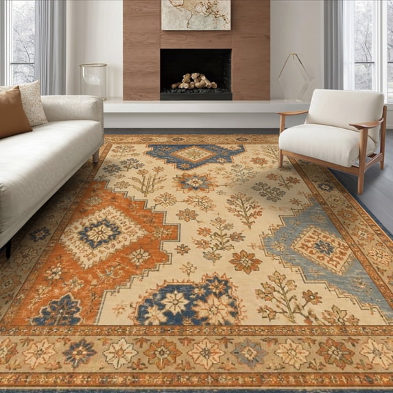ODIKA 8'x10' Ultra-Soft Area Rug, Blue and Terracotta Vintage Floral Design Intricate Garden Motif with Geometric Washable, Bare feet friendly, Silk-Touch for Bedroom, Under Sectional