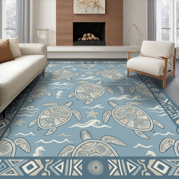 ODIKA 8'x10' Ultra-Soft Area Rug, Boho Nautical Border Motif Scattered Symmetrical Animals Turtle Ocean Playful None Washable, Bare feet friendly, Silk-Touch for Bedroom, Under Sectional