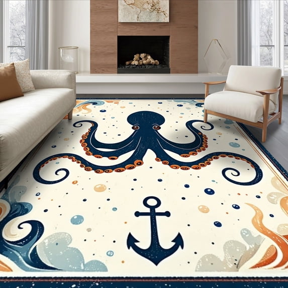 ODIKA 8'x10' Ultra-Soft Area Rug, Cartoon Pirate Octopus Kraken Abstract Ocean Waves Anchors Bubbles None Washable, Bare feet friendly, Silk-Touch for Bedroom, Under Sectional