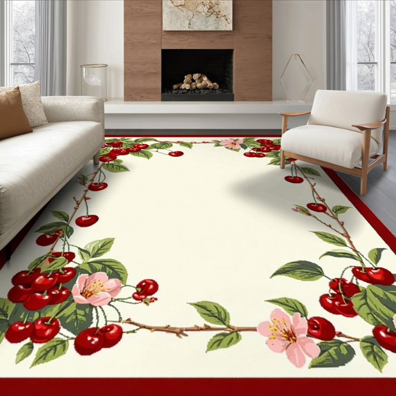 ODIKA 8'x10' Ultra-Soft Area Rug, Cherries Cherry Door Botanical Scattered Fruit Flowers Clusters None Washable, Bare feet friendly, Silk-Touch for Bedroom, Under Sectional