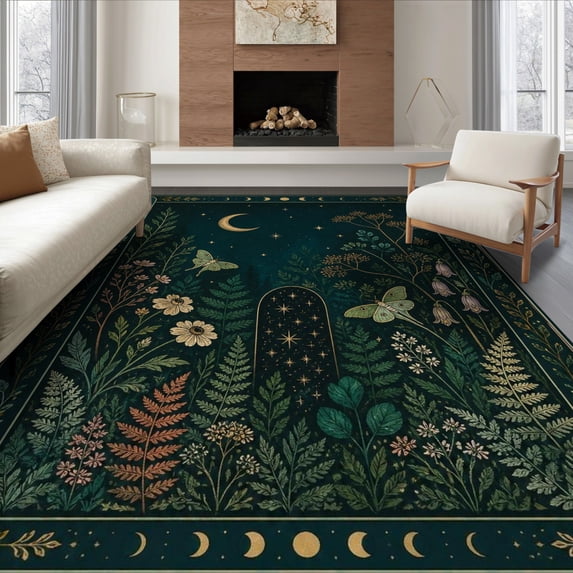 ODIKA 8'x10' Ultra-Soft Area Rug, Dark Green Botanical Night Scene Celestial Motifs with Floral and Insect Details Washable, Bare feet friendly, Silk-Touch for Bedroom, Under Sectional