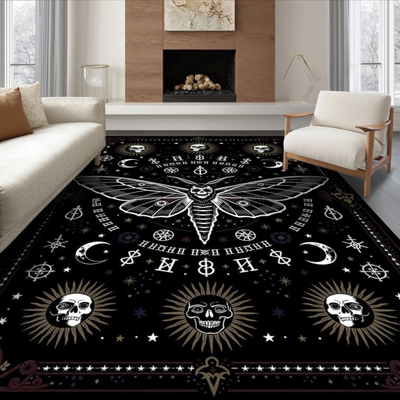 ODIKA 8'x10' Ultra-Soft Area Rug, Death Moth Witchy Symmetrical Monochrome Ornamental Border Academia None Washable, Bare feet friendly, Silk-Touch for Bedroom, Under Sectional