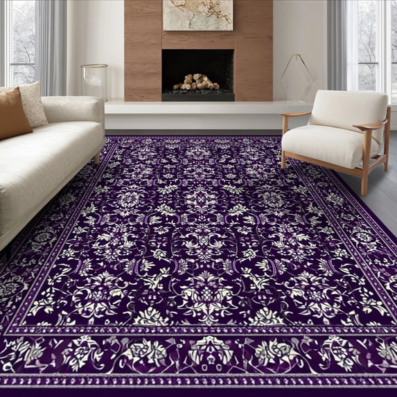 ODIKA 8'x10' Ultra-Soft Area Rug, Deep Purple Horror Bat Gothic Damask Vintage Scrollwork with Symmetrical Filigree Washable, Bare feet friendly, Silk-Touch for Bedroom, Under Sectional