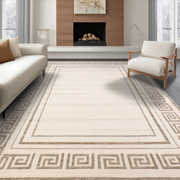 ODIKA 8'x10' Ultra-Soft Area Rug, Dining Abstract Beige Interlocking Greek Key Neutral Tones Periwinkl None Washable, Bare feet friendly, Silk-Touch for Bedroom, Under Sectional