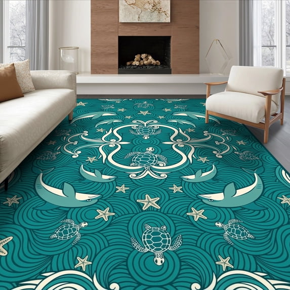 ODIKA 8'x10' Ultra-Soft Area Rug, Dolphin Ocean Turtle Marine Theme Wave Themed Border Coral Motifs None Washable, Bare feet friendly, Silk-Touch for Bedroom, Under Sectional