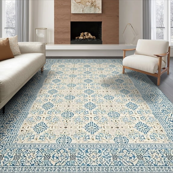 ODIKA 8'x10' Ultra-Soft Area Rug, Farmhouse Trellis Geometric Interlocking Motifs Border Neutral None Washable, Bare feet friendly, Silk-Touch for Bedroom, Under Sectional