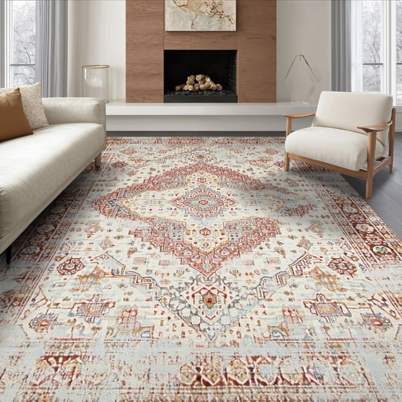 ODIKA 8'x10' Ultra-Soft Area Rug, Geometric Boho Distressed Farmhouse Motifs Neutral Minimalist None Washable, Bare feet friendly, Silk-Touch for Bedroom, Under Sectional