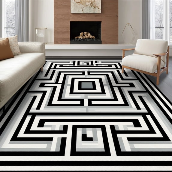 ODIKA 8'x10' Ultra-Soft Area Rug, Geometric Bold Angular Rectangular Paths Nested Livingroom Grey None Washable, Bare feet friendly, Silk-Touch for Bedroom, Under Sectional