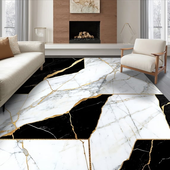 ODIKA 8'x10' Ultra-Soft Area Rug, Gold Black Abstract Marble Design Dynamic Brushstroke Effect with Bold Shapes Washable, Bare feet friendly, Silk-Touch for Bedroom, Under Sectional