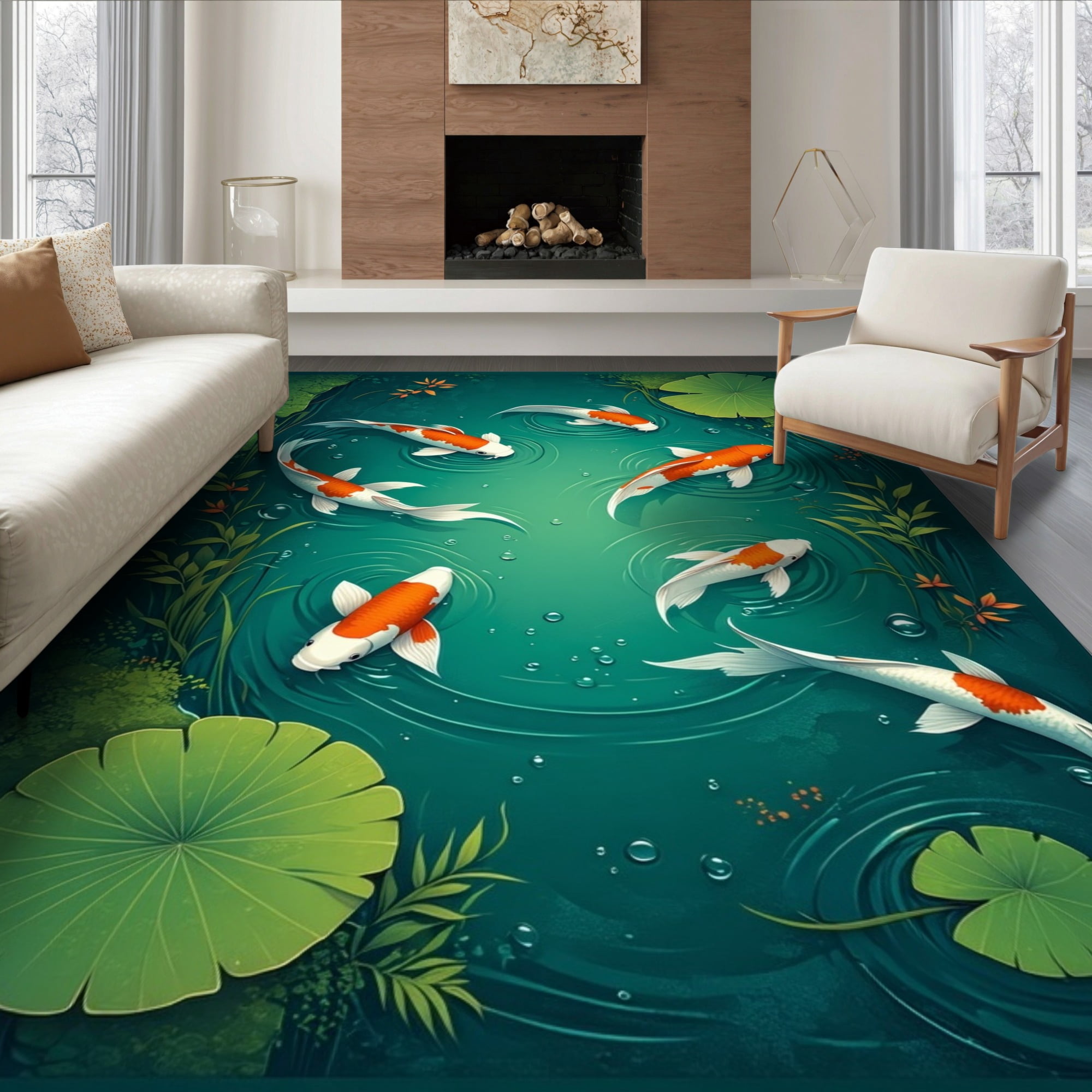 Fish Tuft Rug ODIKA 8'x10' Ultra-Soft Area Rug, Golf Koi Pond Fish Swimming Motif ...