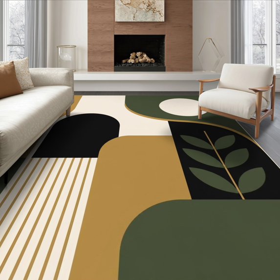 ODIKA 8'x10' Ultra-Soft Area Rug, Green Beige Geometric and Botanical Elegant Abstract Shapes with Leaf Motifs Washable, Bare feet friendly, Silk-Touch for Bedroom, Under Sectional