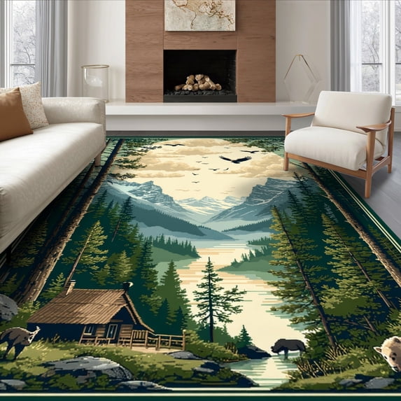 Rustic Washable Rugs ODIKA 8'x10' Ultra-Soft Area Rug, Green Muted Blue Vintage Mountain ...