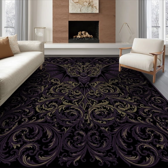 ODIKA 8'x10' Ultra-Soft Area Rug, Horror Bat Gothic Baroque Motif Ornamental Scroll Border Scrollwork None Washable, Bare feet friendly, Silk-Touch for Bedroom, Under Sectional