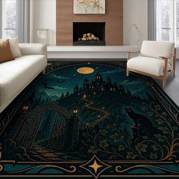 ODIKA 8'x10' Ultra-Soft Area Rug, Midnight Blue Gold Gothic Castle Art Enchanted Night Scene with Bats and Moon Washable, Bare feet friendly, Silk-Touch for Bedroom, Under Sectional