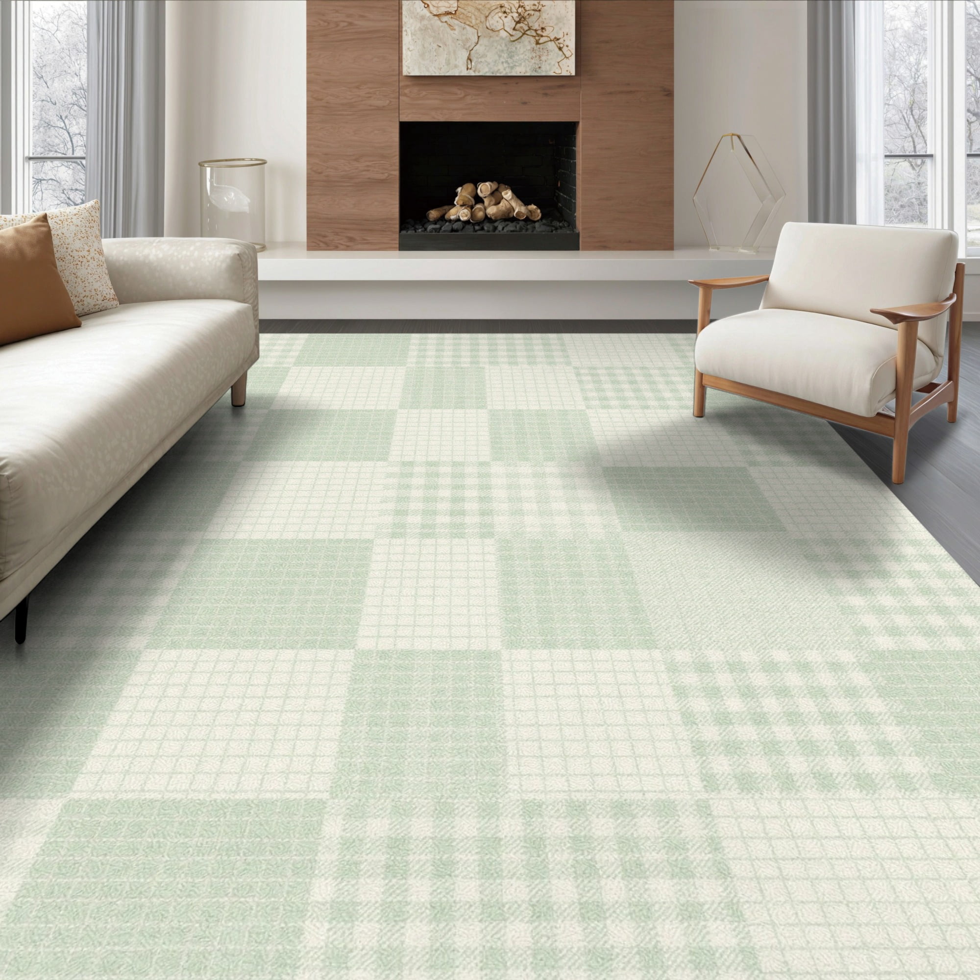 Neurtral Checkerd Rug ODIKA 8'x10' Ultra-Soft Area Rug, Mint Layout Alternating Block ...