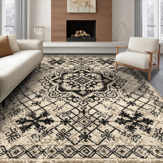 ODIKA 8'x10' Ultra-Soft Area Rug, Modern Farmhouse Boho Medallion With Distressed Diamond Lattice Border None Washable, Bare feet friendly, Silk-Touch for Bedroom, Under Sectional