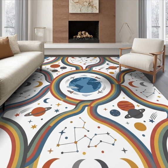 ODIKA 8'x10' Ultra-Soft Area Rug, Motifs Educational Border Cartoon Constellation Rocket Plane Galaxy Playful None Washable, Bare feet friendly, Silk-Touch for Bedroom, Under Sectional
