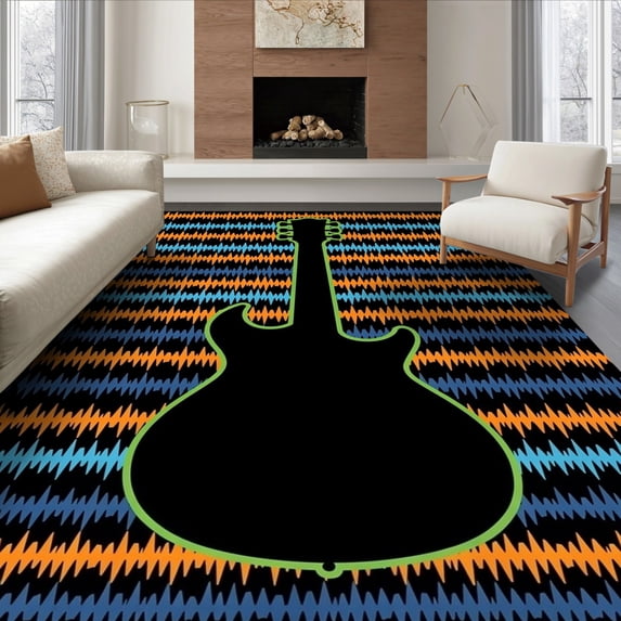 ODIKA 8'x10' Ultra-Soft Area Rug, Music Rock Bold Headstock Sound Wave Record Vinyl Themed Guitar Flowing Dynamic None Washable, Bare feet friendly, Silk-Touch for Bedroom, Under Sectional
