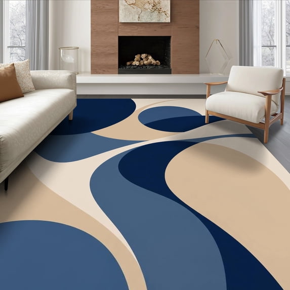 Geometric Numbers Design ODIKA 8'x10' Ultra-Soft Area Rug, Navy Beige Abstract Swirls and Curves ...