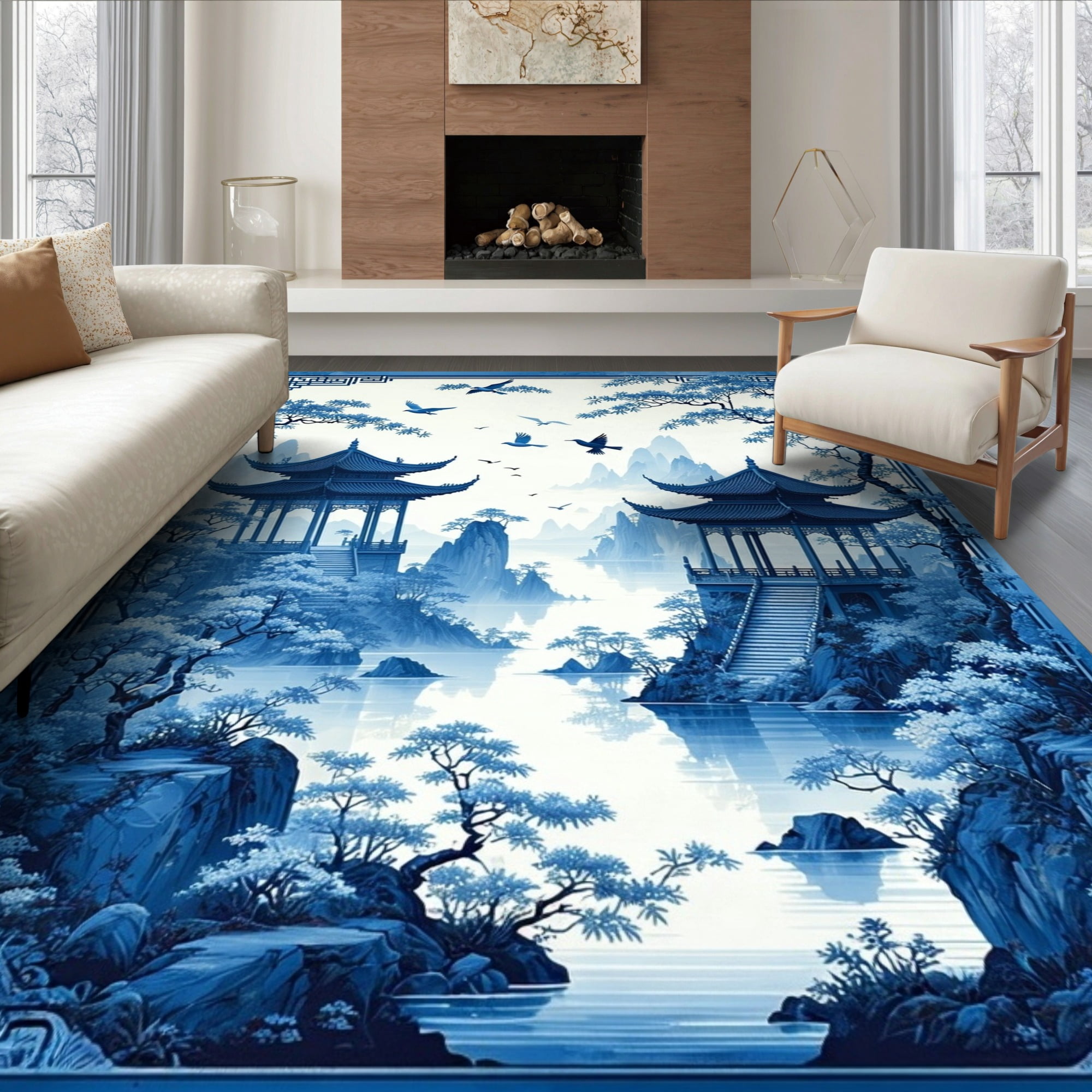 ODIKA 8'x10' Ultra-Soft Area Rug, Navy Blue Chinoiserie Pagoda Design ...
