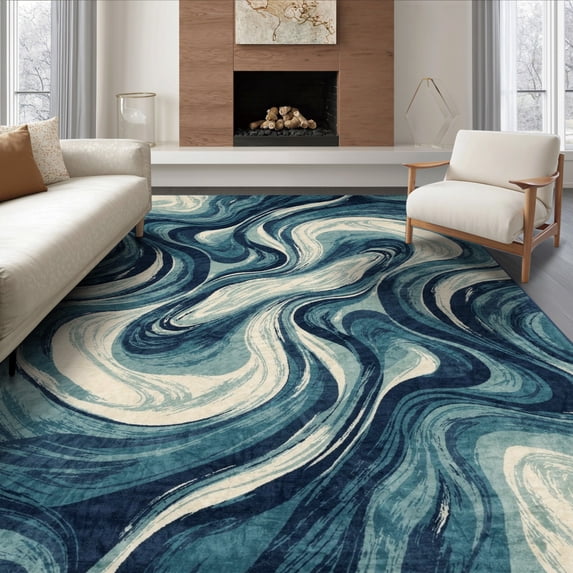 ODIKA 8'x10' Ultra-Soft Area Rug, Navy Long Ocean Inspired Gradient Accessories Racetrack Hallway None Washable, Bare feet friendly, Silk-Touch for Bedroom, Under Sectional