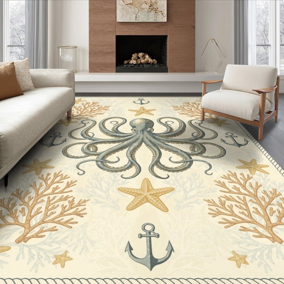 Retro Colorful Rug ODIKA 8'x10' Ultra-Soft Area Rug, Octopus Vintage Nautical Creature ...