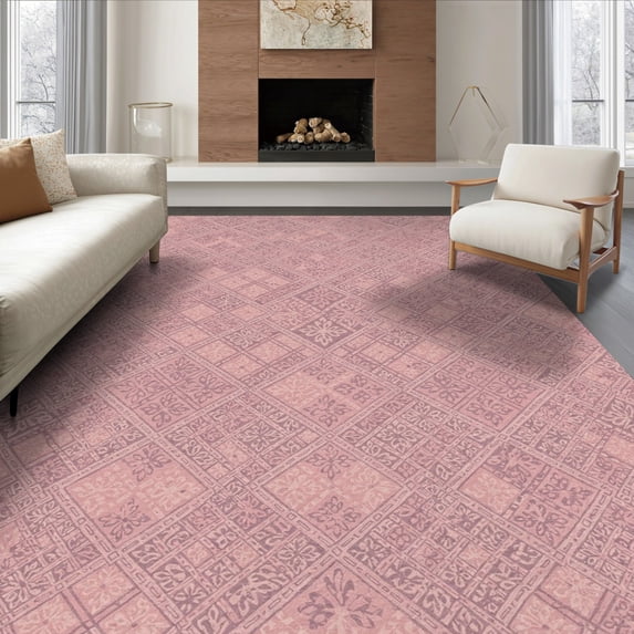 ODIKA 8'x10' Ultra-Soft Area Rug, Pink Purple Dusty Plaid Ornamental Motif Geometric Checkered None Washable, Bare feet friendly, Silk-Touch for Bedroom, Under Sectional