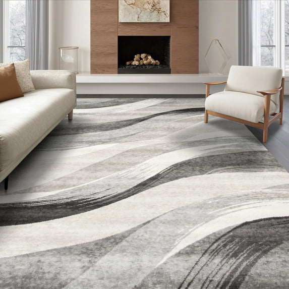 ODIKA 8'x10' Ultra-Soft Area Rug, Under Plush Sweeping Neutral Gradient Artful Composition Grey None Washable, Bare feet friendly, Silk-Touch for Bedroom, Under Sectional