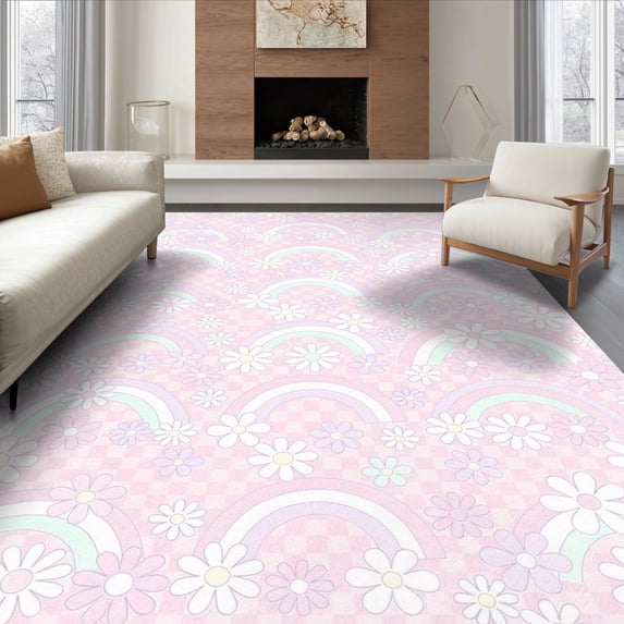 ODIKA 8'x10' Ultra-Soft Area Rug, Preppy Cute Motif Clusters Checkered Scattered Motifs Dotted Pink Flowing None Washable, Bare feet friendly, Silk-Touch for Bedroom, Under Sectional