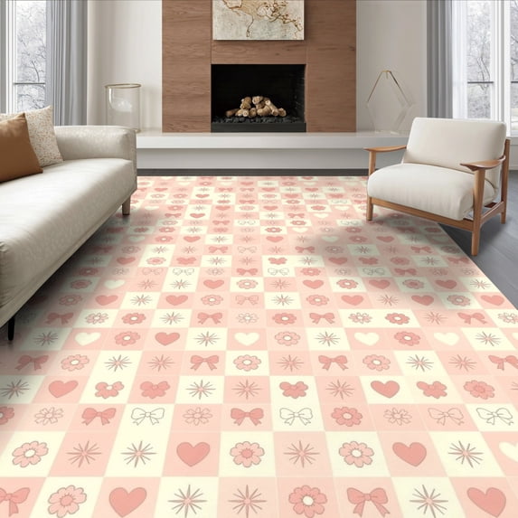 ODIKA 8'x10' Ultra-Soft Area Rug, Preppy Kawaii Checkered Plaid Starburst Motifs Cute Scattered Pink Flowing None Washable, Bare feet friendly, Silk-Touch for Bedroom, Under Sectional