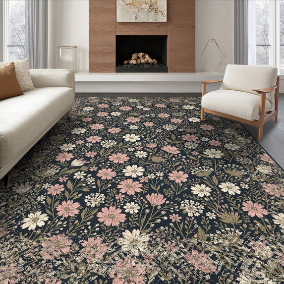 ODIKA 8'x10' Ultra-Soft Area Rug, Scatter Blossoms Pink Asymmetrical Frame Entry Door None Washable, Bare feet friendly, Silk-Touch for Bedroom, Under Sectional