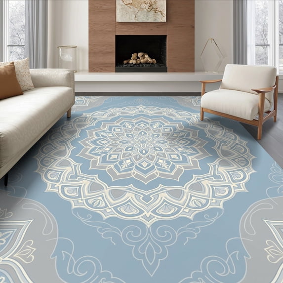 ODIKA 8'x10' Ultra-Soft Area Rug, With Solid Field And Interlocking Edge Trim Shag Boho Medallion Playful None Washable, Bare feet friendly, Silk-Touch for Bedroom, Under Sectional