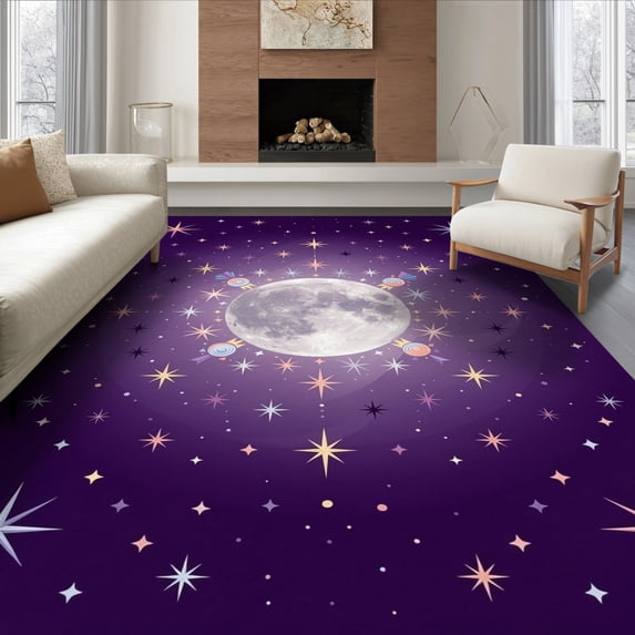 ODIKA 8'x10' Ultra-Soft Area Rug, Starry Stars Cosmic Galaxy Constellation Motif Swirl Abstract Purple Flowing None Washable, Bare feet friendly, Silk-Touch for Bedroom, Under Sectional