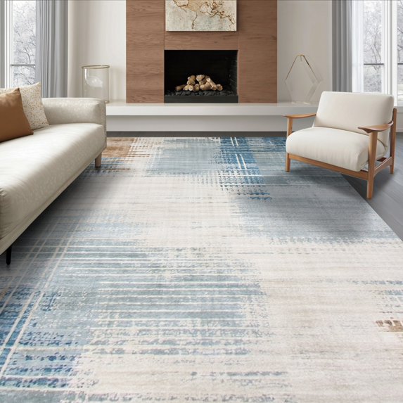 ODIKA 8'x10' Ultra-Soft Area Rug, Tan Navy Teal Abstract Geometric Grid Neutral Watercolor Motif None Washable, Bare feet friendly, Silk-Touch for Bedroom, Under Sectional