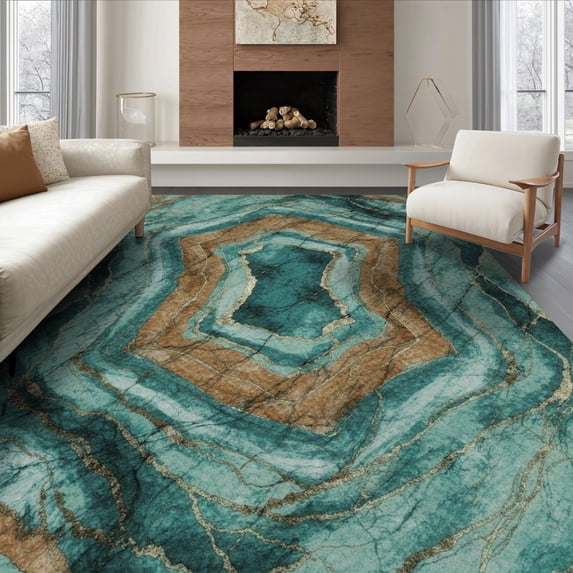 ODIKA 8'x10' Ultra-Soft Area Rug, Turquoise Teal Orange Inspired Concentric Flowing Motifs Beige None Washable, Bare feet friendly, Silk-Touch for Bedroom, Under Sectional