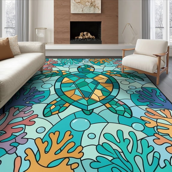 ODIKA 8'x10' Ultra-Soft Area Rug, Turtle Stained Ocean Entryway Teal Beachy Cherry Blossoms Nautical Flowing None Washable, Bare feet friendly, Silk-Touch for Bedroom, Under Sectional