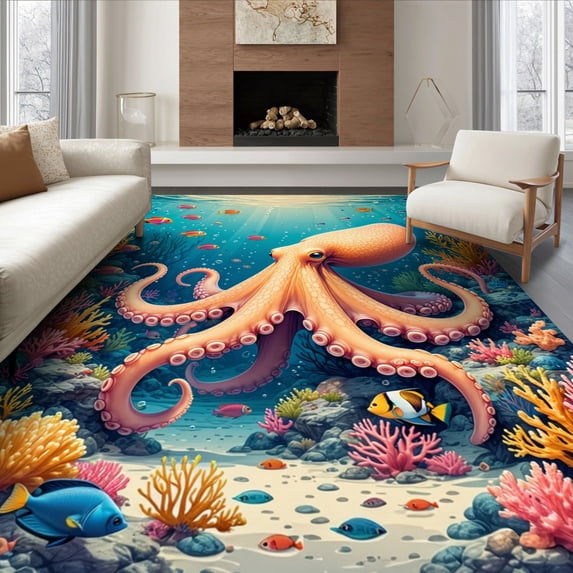 ODIKA 8'x10' Ultra-Soft Area Rug, Vivid Coral Pink Ocean with Octopus Tropical Reef Design Sea Animals Washable, Bare feet friendly, Silk-Touch for Bedroom, Under Sectional