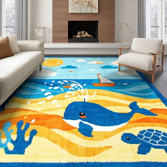 ODIKA 8'x10' Ultra-Soft Area Rug, Whale Sea Turtle Cartoon Adventure With Sailboat And Wave Accents None Washable, Bare feet friendly, Silk-Touch for Bedroom, Under Sectional