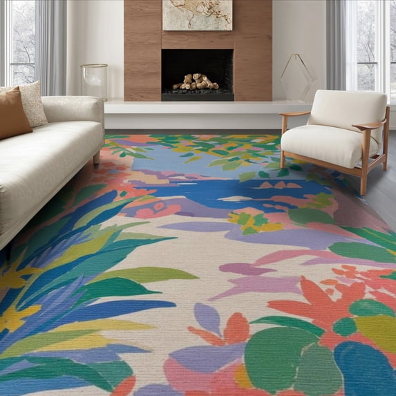 ODIKA 8'x10' Vibrant Coastal Hues Garden Vista Washable Area Rug Lush Foliage and Seascape Motif Design for Dining Room, Large Office, Lounge, Non-Slip Chair-Friendly Mat