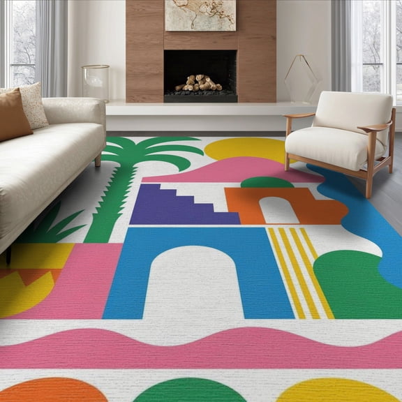 ODIKA 8'x10' Vibrant Multicolor Mid-Century Design Washable Area Rug Retro Geometric Abstract with Palm Springs Flair Durable, Non-Slip for Living Room, Under Sectional, Family