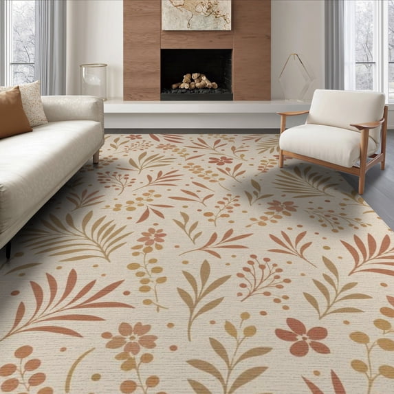 ODIKA 8'x10' Warm Desert Tones Golden Autumn Botanical Washable Area Rug Lush Foliage Patterns with Copper Accents Non-Slip Chair-Friendly Mat for Dining Room, Large Office, Lounge