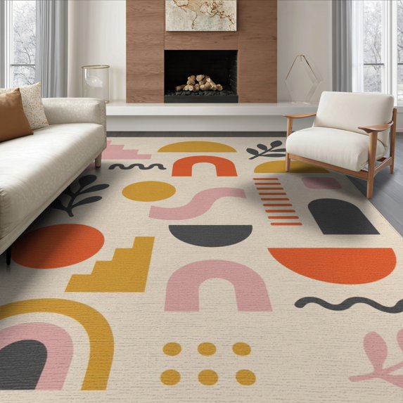 ODIKA 8'x10' Warm Earth Tones Retro Geometric Design Washable Area Rug 70s Inspired Abstract Shapes and Patterns Non-Shedding, Easy Care, for King Size Bedroom Under Bed, Master Suite