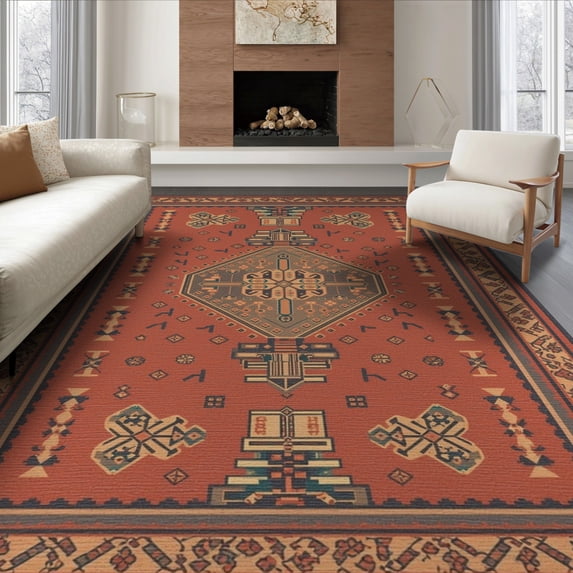 ODIKA 8'x10' Warm Terracotta Geometric Medallion Washable Area Rug Intricate Symmetrical Pattern with Borders for King Size Bedroom Under Bed, Master Suite, Non-Shedding, Easy Care