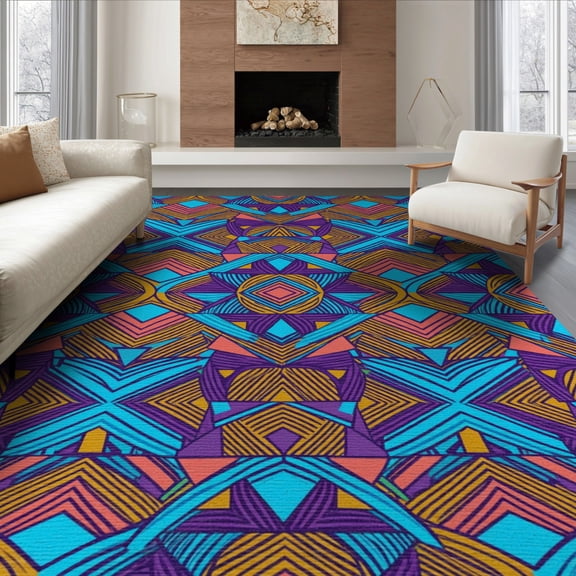 ODIKA 8'x10' Washable Area Rug 80S Geometric Bold Memphis Squiggle Interlocking Funky Retro Refined Structured for Living Room, Under Sectional, Family , Durable, Non-Slip