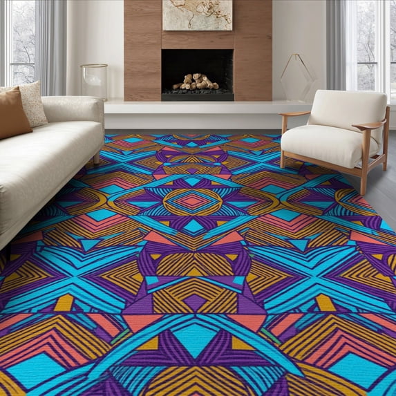 ODIKA 8'x10' Washable Area Rug 80S Geometric Bold Memphis Squiggle Interlocking Funky Retro Refined Structured for Living Room, Under Sectional, Family , Durable, Non-Slip