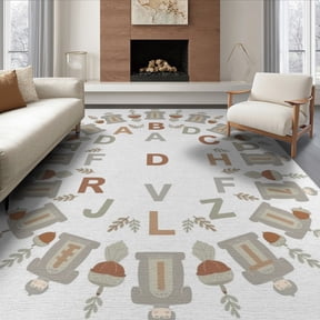 ODIKA 8'x10' Washable Area Rug Abc Circle Tone Preschool Letter Classroom Childcare Alphabet Flowing Dynamic for Dining Room, Large Office, Lounge, Non-Slip Chair-Friendly Mat